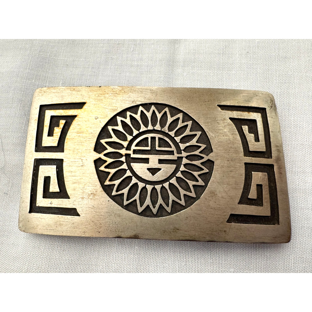 Vintage Hopi Sterling Silver Belt Buckle 44 gr Sunburst Engraved Native American
